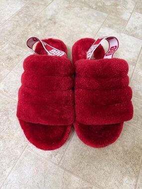 UGG Red Fluff Yeah Plush Shearling Slide Sandals with Logo Heel Strap
